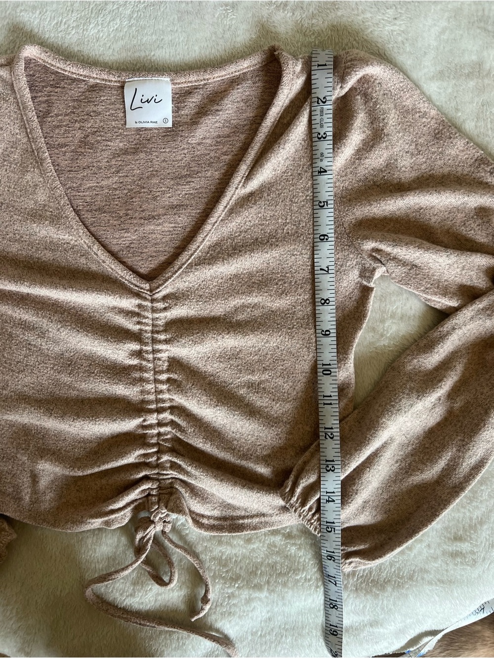 Women's tan Ruched Drawstring Long-Sleeve Top - Picture 2 of 4